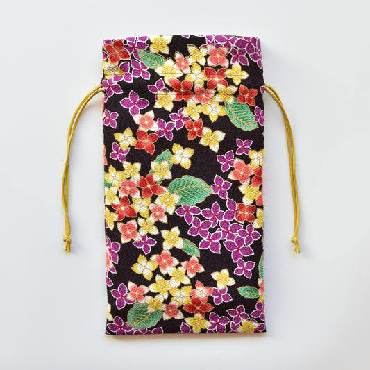 二越ちりめん巾着袋 舞花 黒